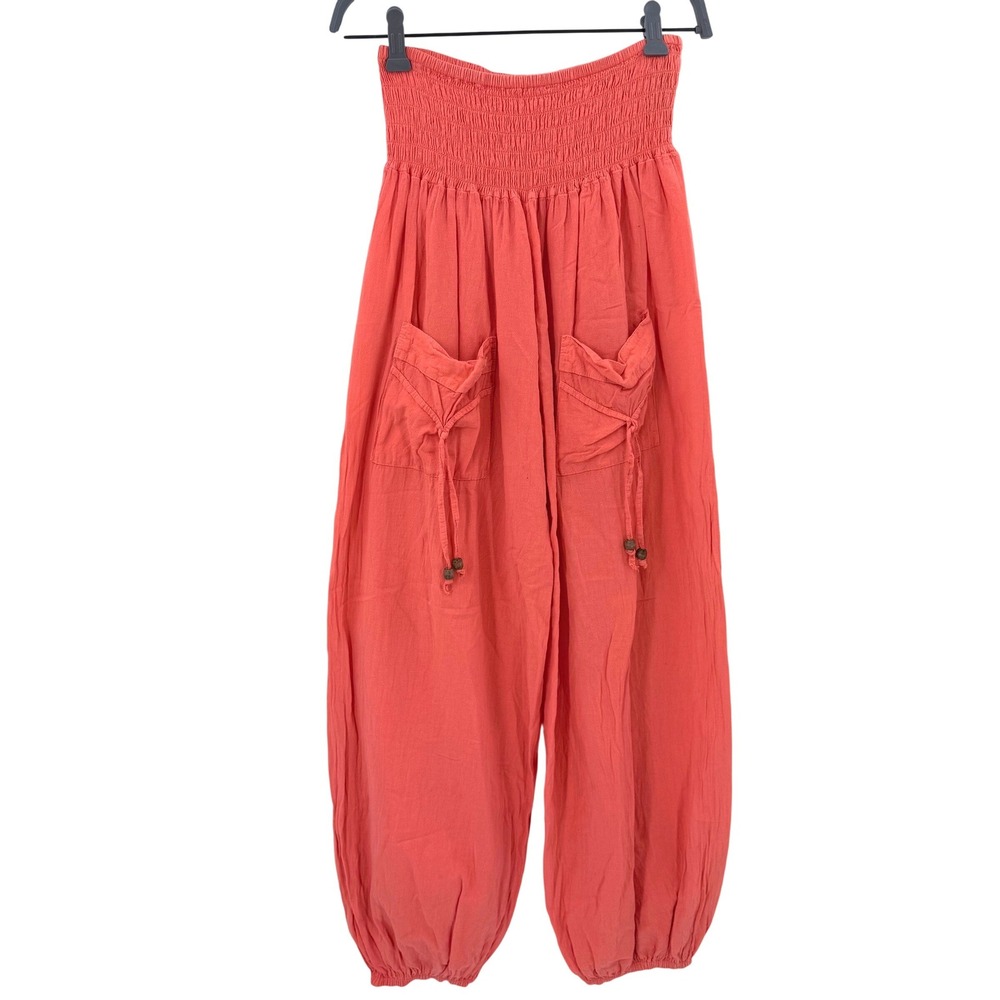Giocam Coral Orange 100% Cotton Smocked Harem Pants Womens XL Made in Peru Boho